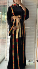 Black Velvet Elegance Stripes Embroidered Dress with Satin Belt