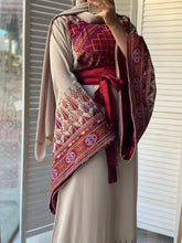 Very Unique Radan Sleeves Beige and Burgundy Thobe with Dense Embroidery and Satin Details