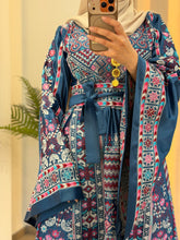 Durra Teal Navy Satin Elegant Wide Sleeves Full Embroidered Thob Dress