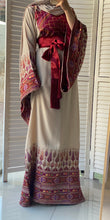 Very Unique Radan Sleeves Beige and Burgundy Thobe with Dense Embroidery and Satin Details