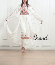 Stylish White Jumpsuit Dress with Floral Palestinian Embroidery and Back Skirt
