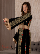 Black And Golden Palestinian Embroidered Thobe with Manajil and Satin Cuffs Details