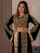 Black And Golden Palestinian Embroidered Thobe with Manajil and Satin Cuffs Details