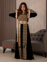 Black And Golden Palestinian Embroidered Thobe with Manajil and Satin Cuffs Details