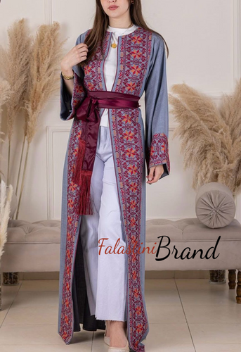 Grey Elegant Abaya with Unique Embroidery and Satin Belt
