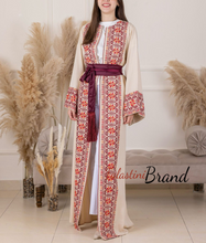 Beige Elegant Abaya with Unique Embroidery and Satin Belt