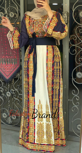 Malak Navy and Off white Thobe with Unique Qasab Embroidery and Original Etamine Fabric