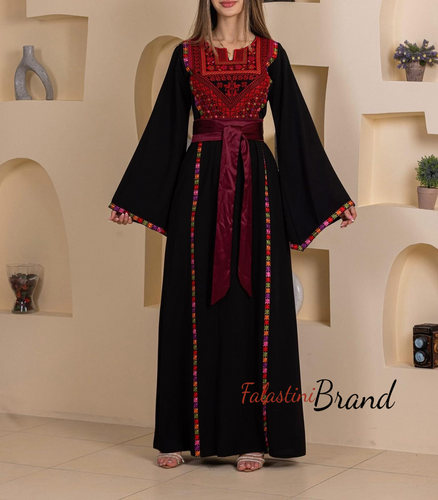 Elegant Stylish Black Thob with Colorful Orooq Details and Satin Belt