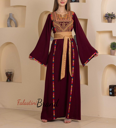 Elegant Stylish Burgundy Thob With Satin Belt