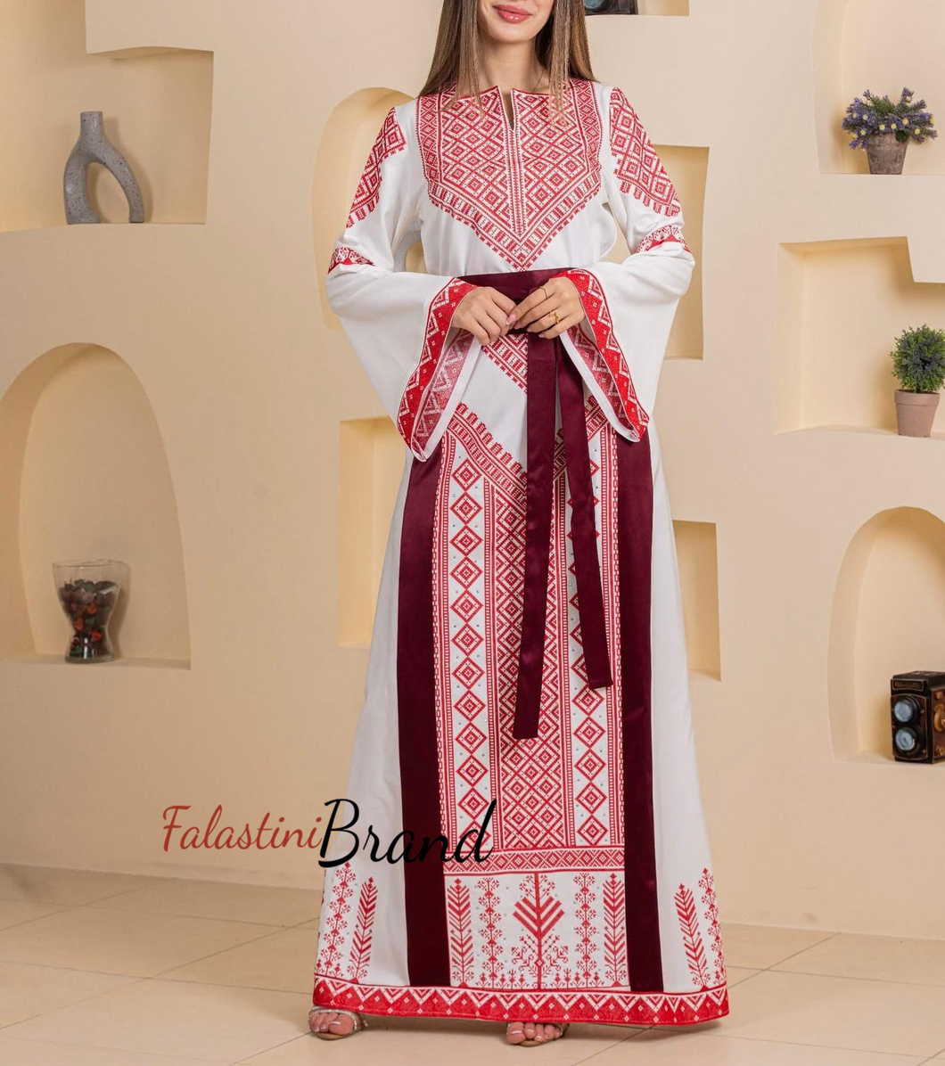 White and Red Thob Dress with Satin Details