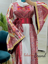 Very Elegant Wide Sleeves White and Red Embroidered Thob with Golden and Malak Details and Head Scarf