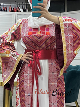 Very Elegant Wide Sleeves White and Red Embroidered Thob with Golden and Malak Details and Head Scarf