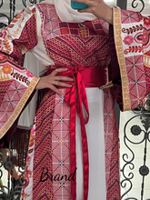 Very Elegant Wide Sleeves White and Red Embroidered Thob with Golden and Malak Details and Head Scarf