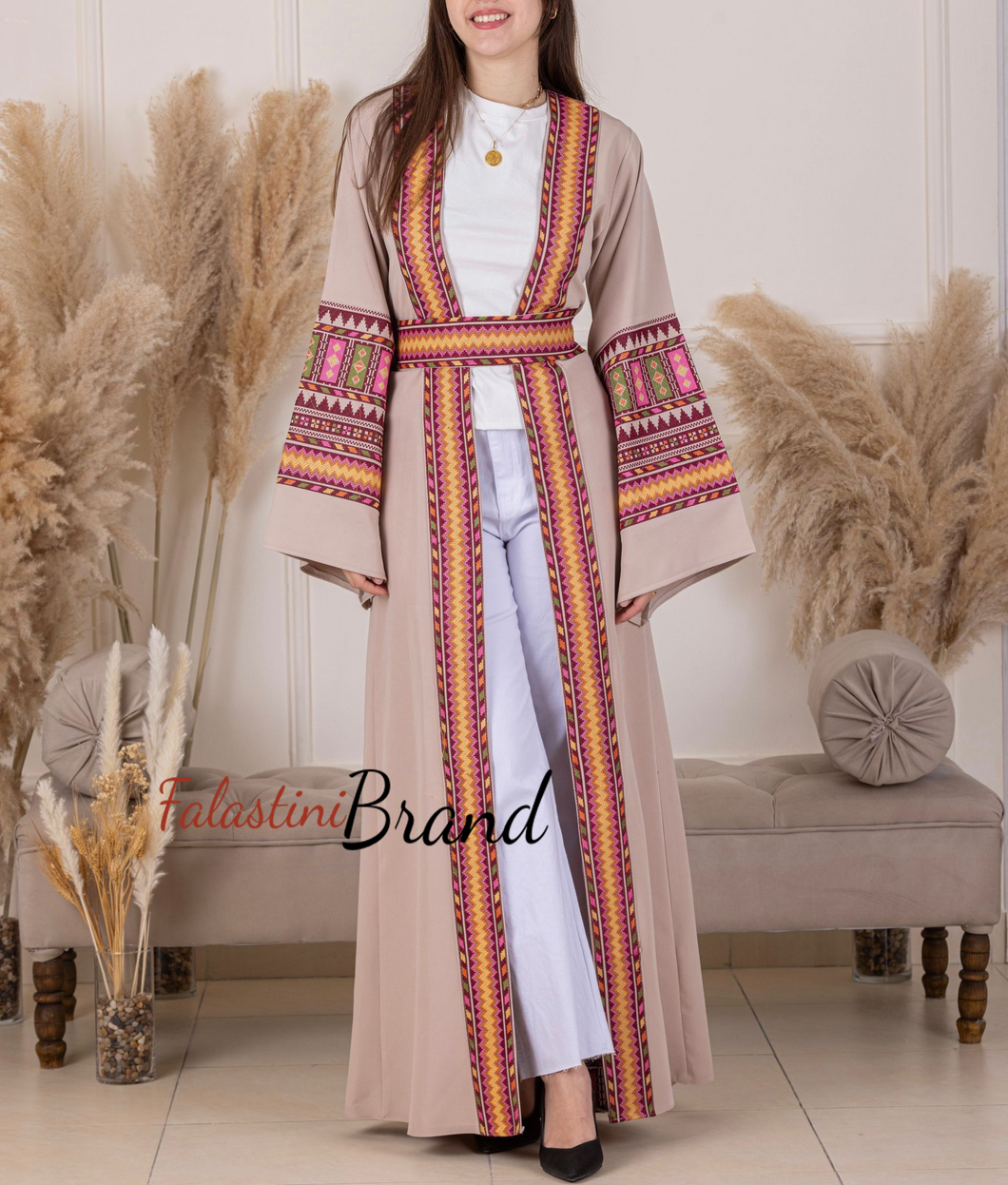 Beige Elegant Abaya Embroidered On The Front And Back