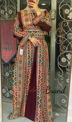 Amazing Burgundy Manajil Palestinian Embroidered Thobe Dress With Astonishing Embroidery