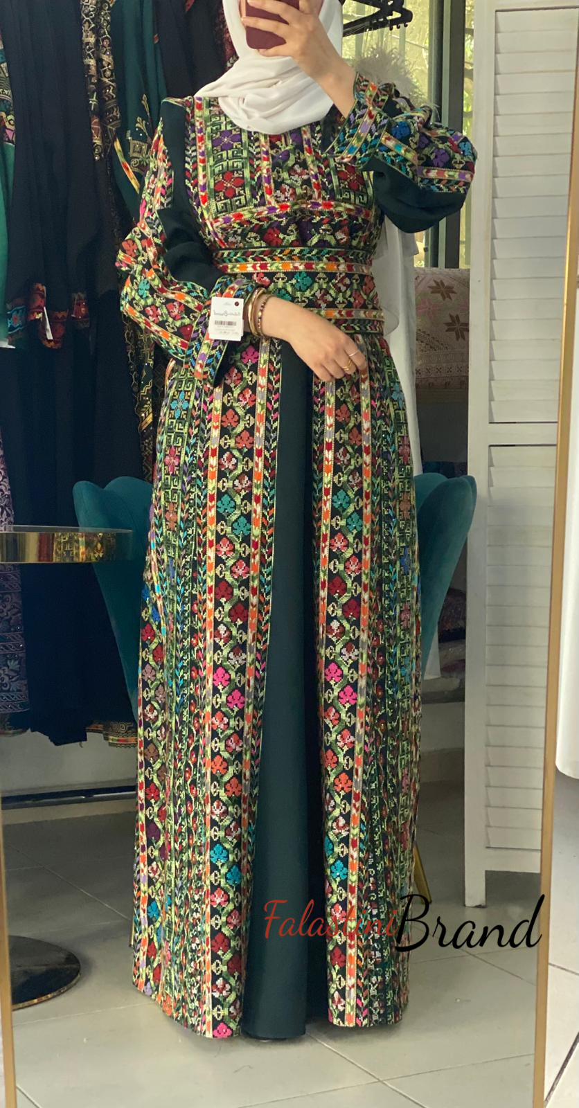 Amazing Dark Green Manajil Palestinian Embroidered Thobe Dress With Astonishing Embroidery