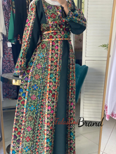 Amazing Dark Green Manajil Palestinian Embroidered Thobe Dress With Astonishing Embroidery