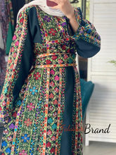 Amazing Dark Green Manajil Palestinian Embroidered Thobe Dress With Astonishing Embroidery