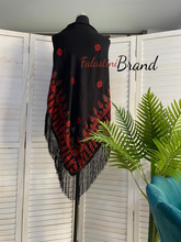 Black Shawl with High Quality Machine Embroidery and Fringe Hem