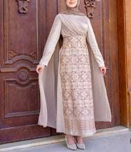 Classy Golden Embroidered Dress with Shoulder Drapes