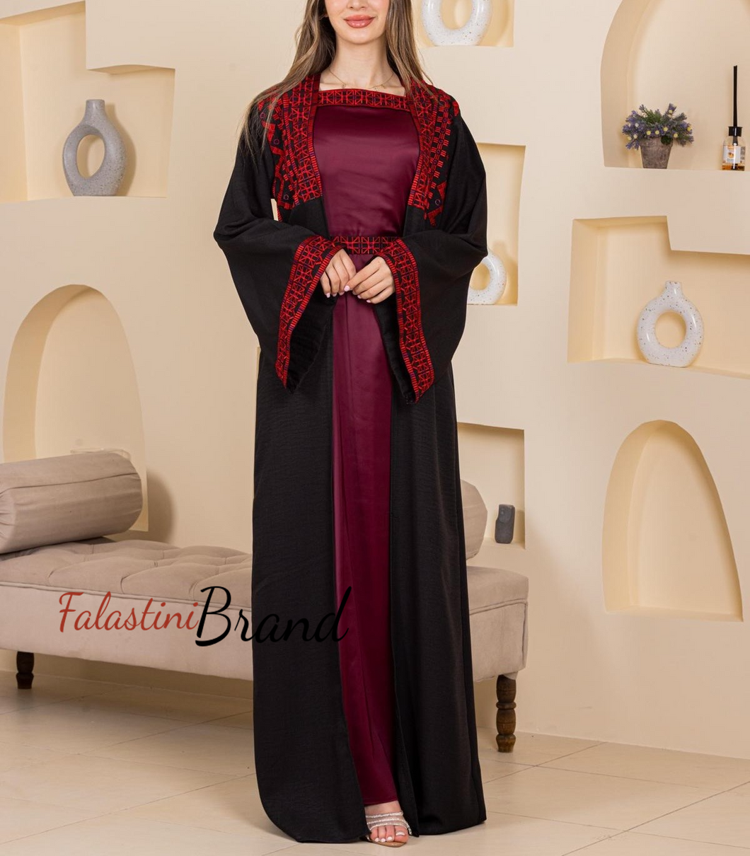 Black and Burgundy 2 Pieces Abaya Set with Satin Inner Dress