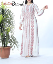 Stunning Multi Lines White And Red Palestinian Embroidered Thobe Dress Palestinian Design And Embroidery