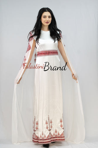 Stunning White And Red Smooth Satin Palestinian Embroidered Dress